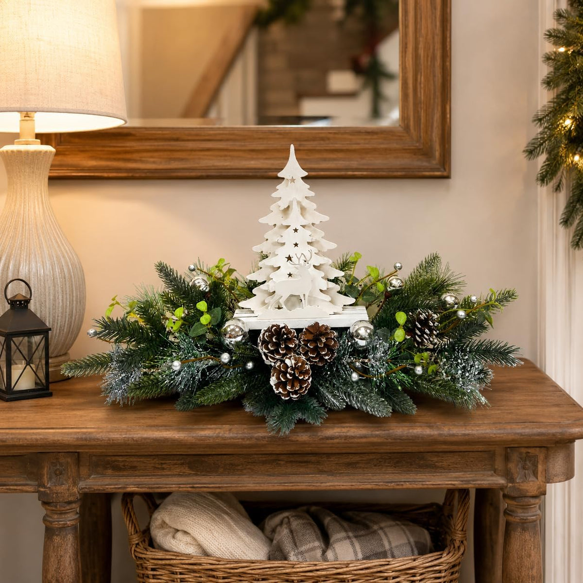 Svndlyn Silver White Pre-Lit Christmas Centerpiece with Woodland Scene | 20 Warm White LEDs, Timer, Frosted Pinecones and Silver Ornaments for Dining Table, Mantel or Console Display