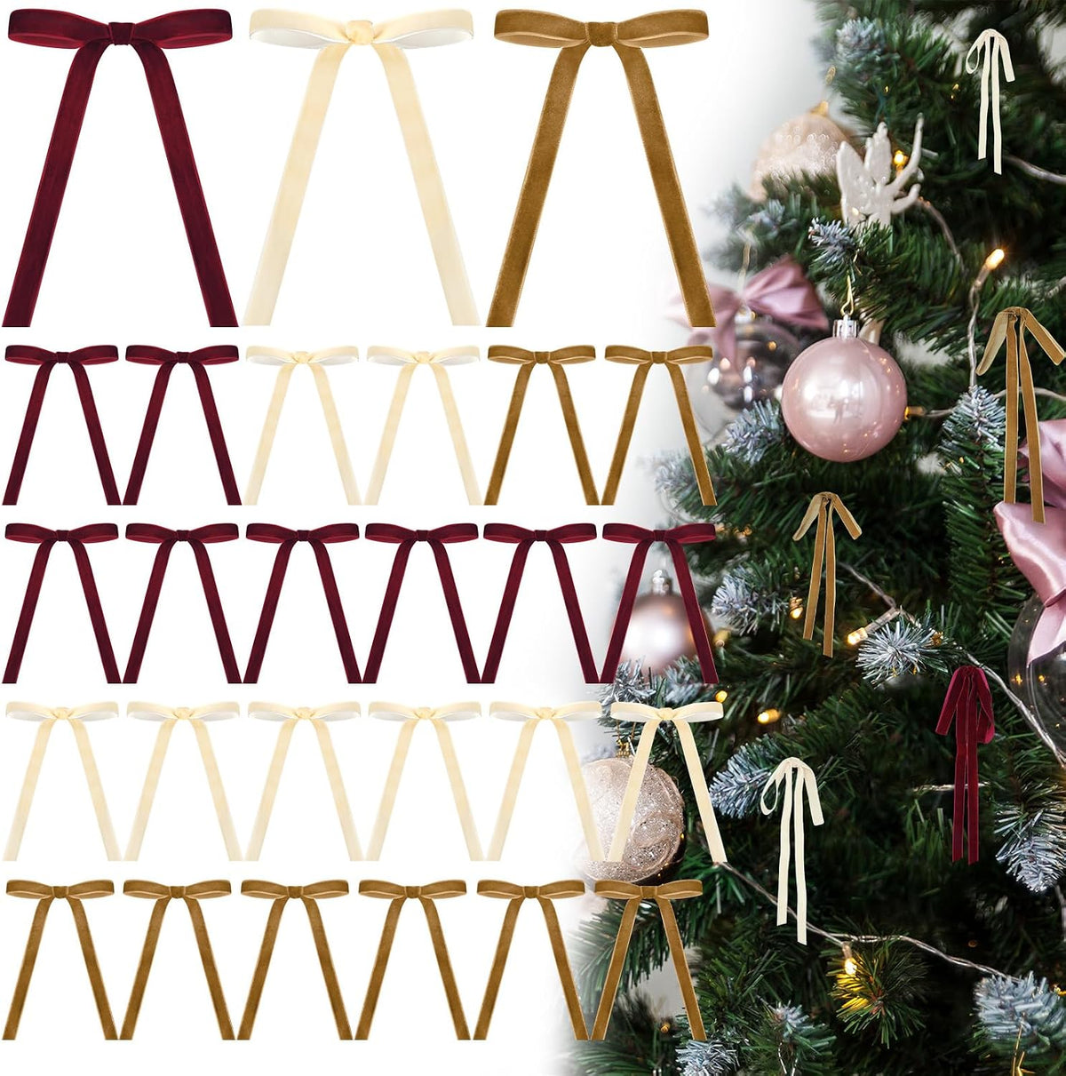 Glitinsel 24 Pcs Velvet Christmas Tree Bow, 10x18,1 w, Pastel | Vintage Christmas Ornaments Bow Velvet Ribbon Bows for Christmas Tree Garland Wreath Holiday Home Decorations