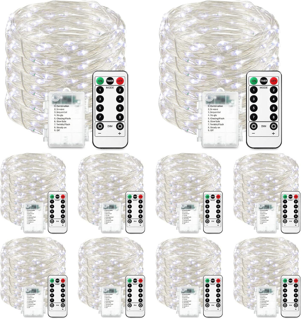 Tuanse 10 Pack Fairy Lights Remote Control Battery Operated,Cool White | 16.4 Ft 50 LED Each Strand, Timer Auto on off, Twinkle Copper Wire for Christmas Bedroom Garden Party Decor, Battery Powered