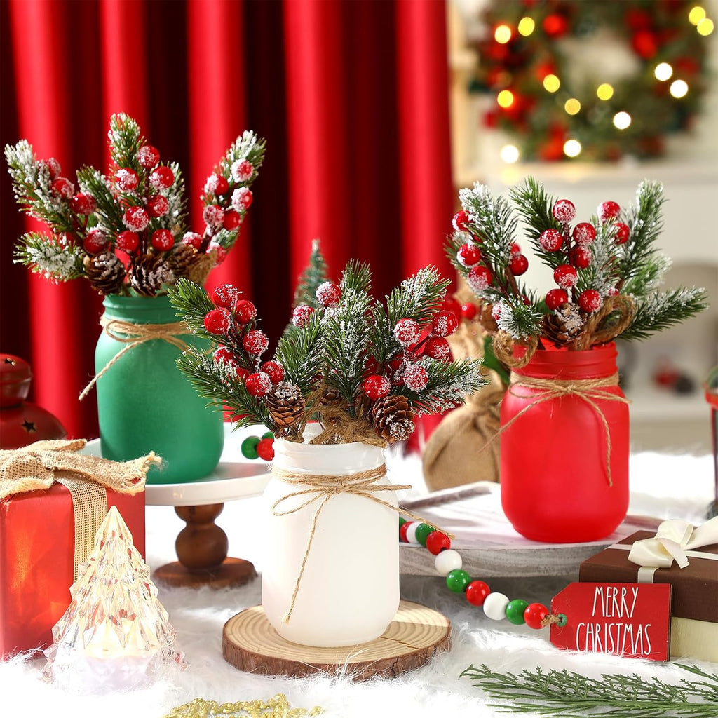 Karenhi 16 Pcs Christmas Mason Jar Centerpieces Pine Berries,Pine Needles | Red Green White Frosted Jars with Pinecones Garland Wooden Sign, Farmhouse Dining Kitchen Indoor Holiday Tabletop Decor Set