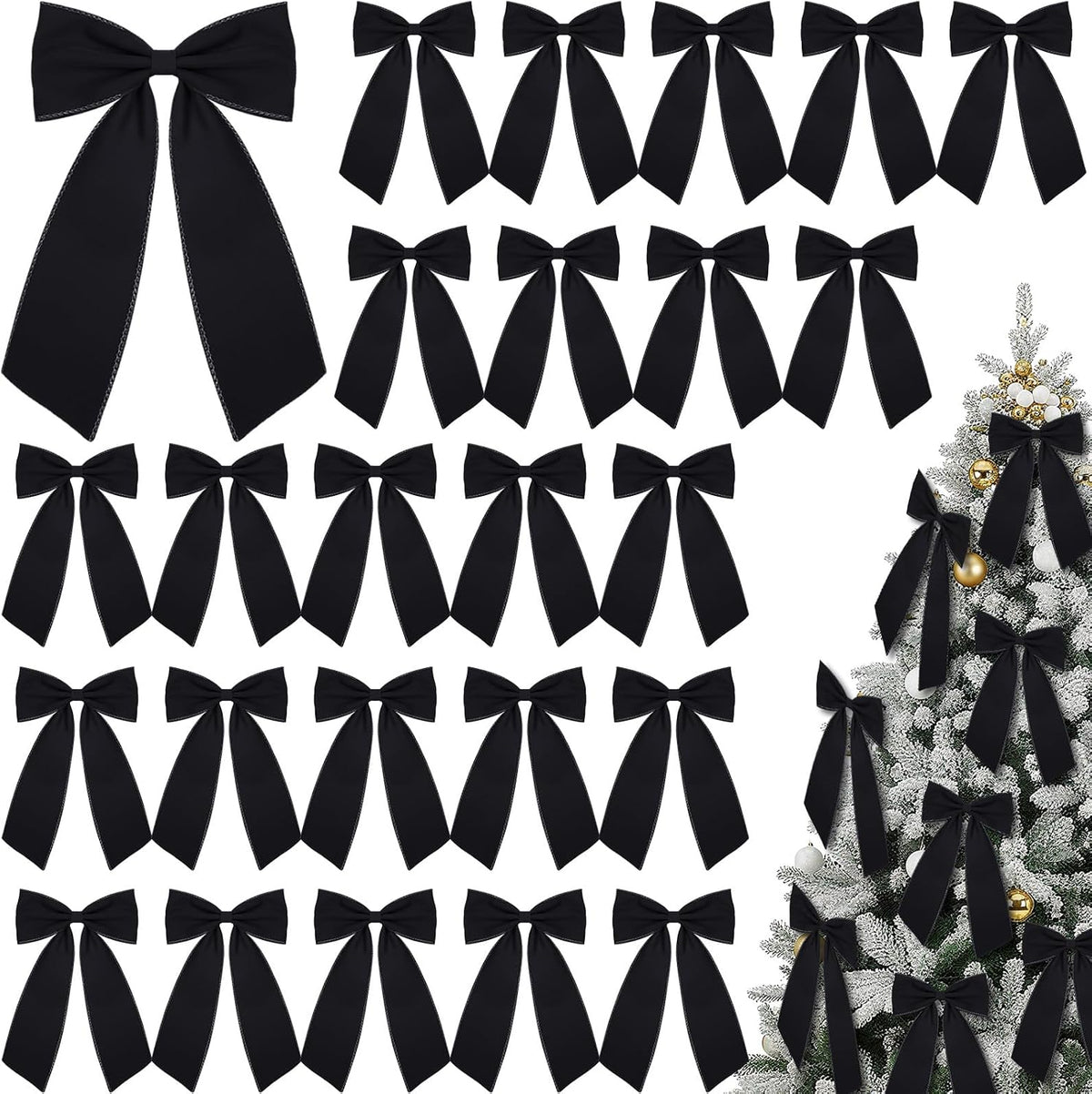 12 Pcs Black Large Christmas Velvet Bow, Xmas Tree Decor | 10x16 Inch Ribbon Design, Ideal for Wreath Garland Banner, Napkin Rings, Fireplace Indoor Outdoor Holiday Decoration