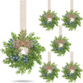 VioraWhite 6 Pcs Mini Wreaths Artificial Blue Berry with Burlap Bow Decor | Small Vintage Wreath, Fake Greenery, Retro, Farmhouse, Rustic Kitchen Cabinet Window Decor, Wedding Party Chair Wall, Hanging