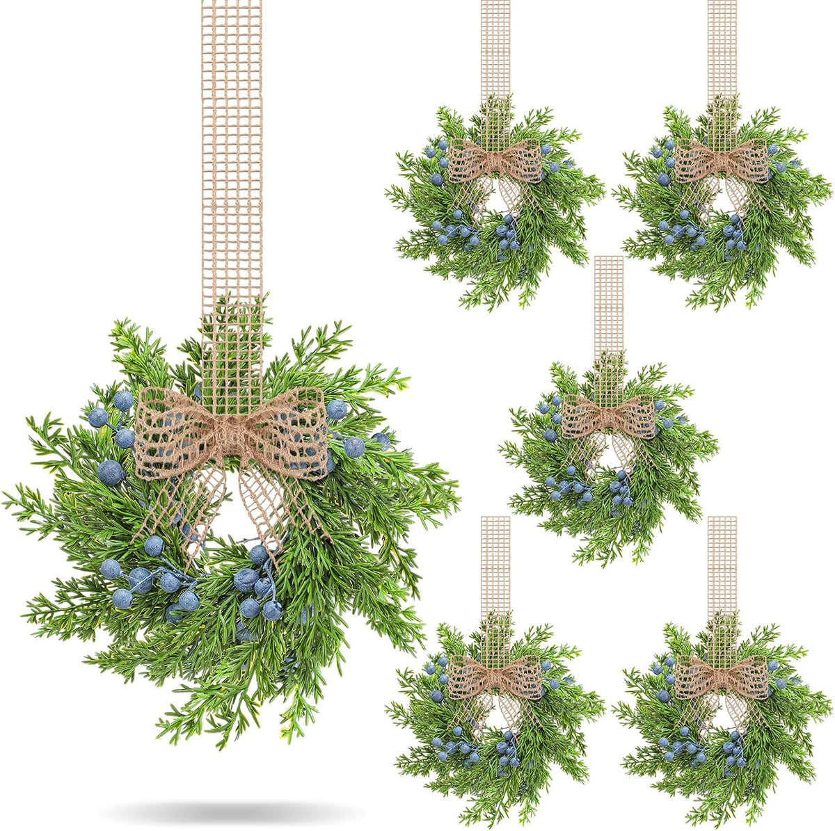VioraWhite 6 Pcs Mini Wreaths Artificial Blue Berry with Burlap Bow Decor | Small Vintage Wreath, Fake Greenery, Retro, Farmhouse, Rustic Kitchen Cabinet Window Decor, Wedding Party Chair Wall, Hanging