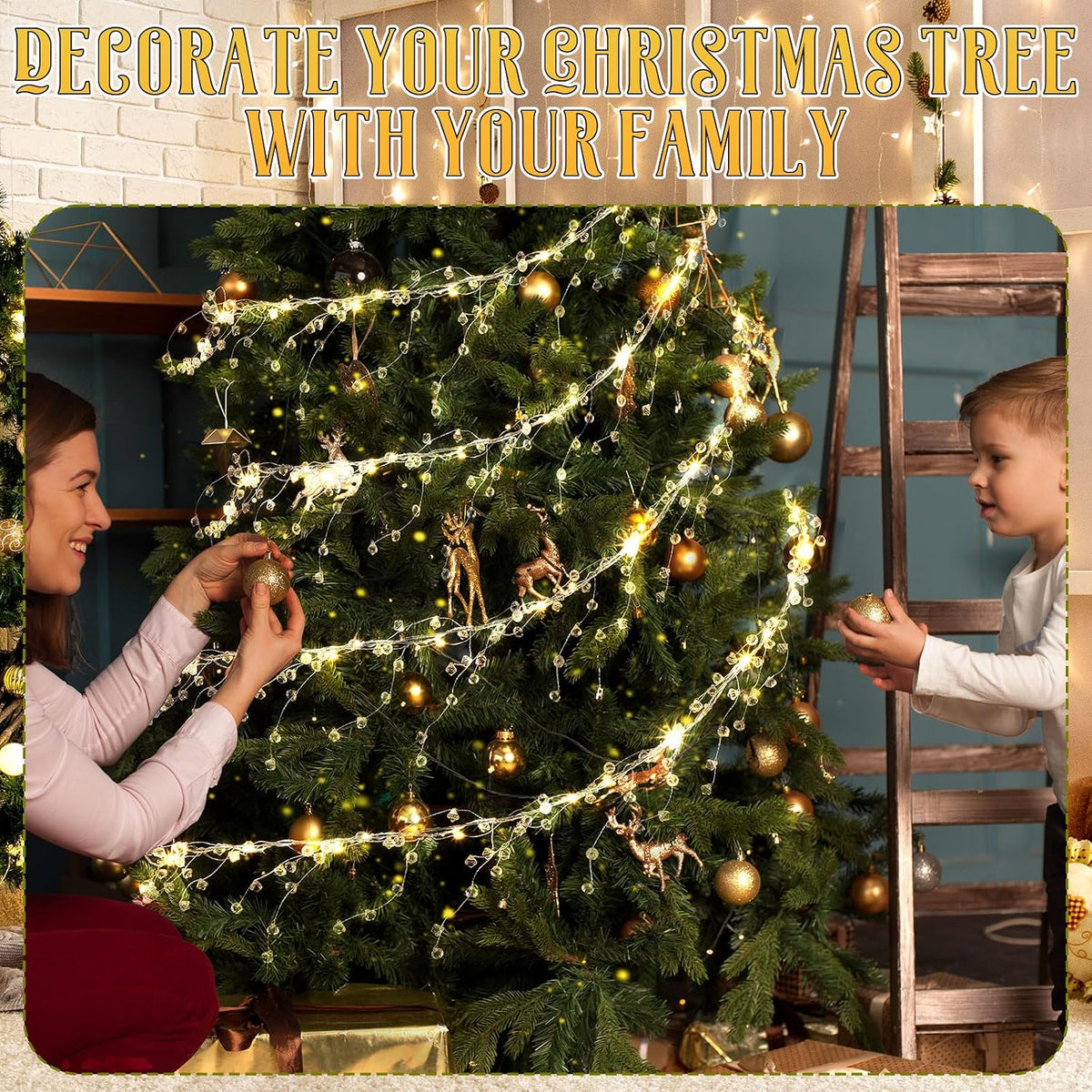 Glooglitter 40 ft Christmas Tree Crystal Garland Decor Fairy Lights | 98ft 300 LED Lights with Crystal Drop Ornaments & Iron Wire, USB Operated Sparkling Christmas Tree Decor for Winter Indoor
