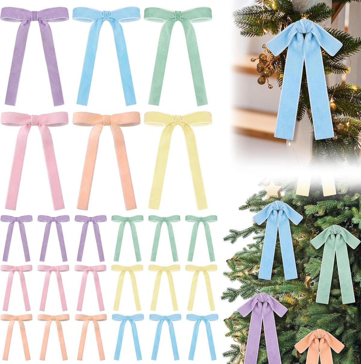Glitinsel 24 Pcs Velvet Christmas Tree Bow, 10x18,1 w, Pastel | Vintage Christmas Ornaments Bow Velvet Ribbon Bows for Christmas Tree Garland Wreath Holiday Home Decorations