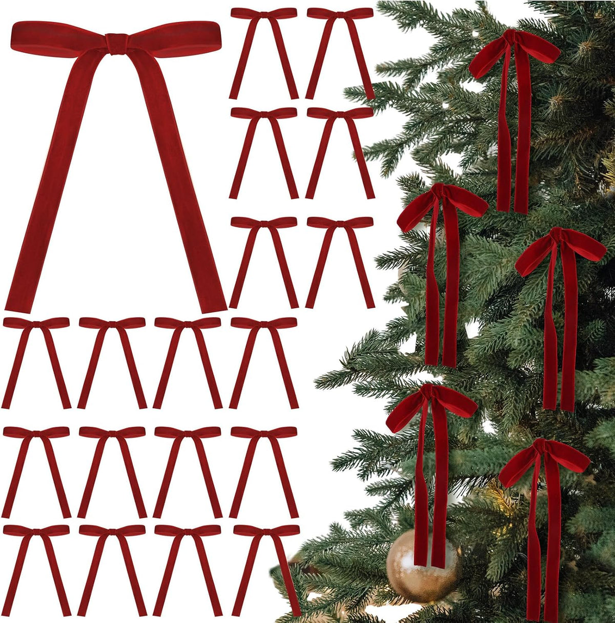 Glitinsel 24 Pcs Velvet Christmas Tree Bow, 10x18,1 w, Pastel | Vintage Christmas Ornaments Bow Velvet Ribbon Bows for Christmas Tree Garland Wreath Holiday Home Decorations