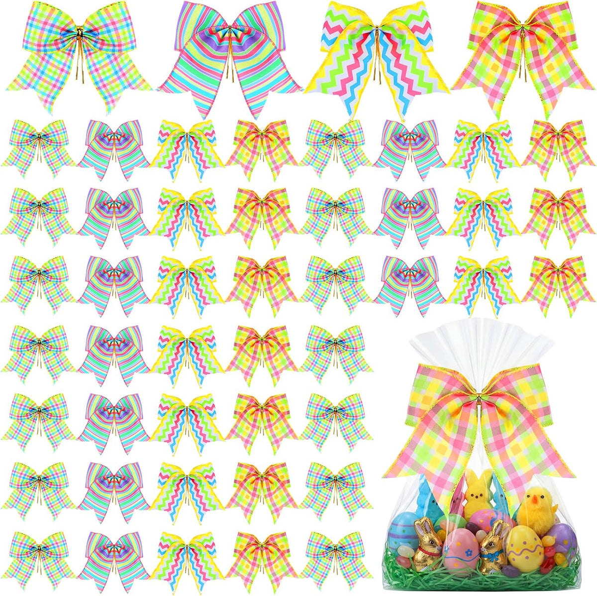 Daifunli 48 Pcs 6 Inch Christmas Bows for Wreaths | Polyester Bows in 4 Patterns, Built-in Cable Ties, Christmas Gifts, Baskets, Wreaths And Party Decor