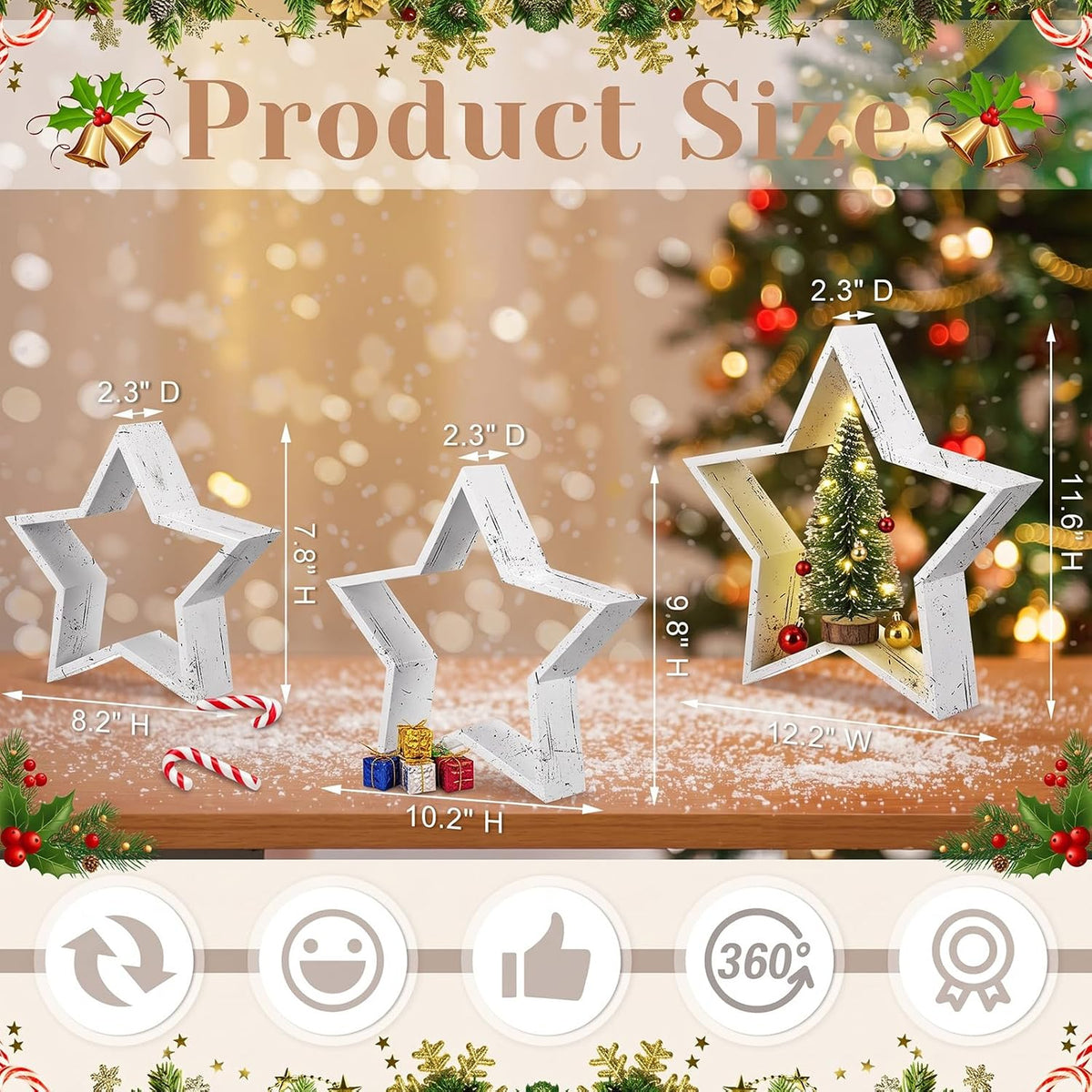 Cinnvoice 3 Pcs Christmas Wooden Decoration for Home Mantel Tabletop | Farmhouse Stars with Hollow Frame, Three Sizes for DIY Ornaments, Mantel Displays and Xmas Holiday Styling, Table Centerpiece