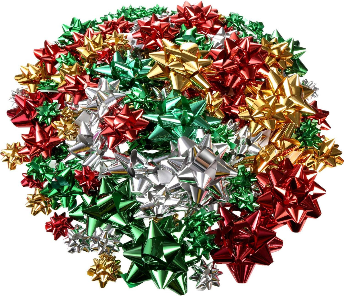 Tatuo 130 Pcs Christmas Wrap Gift Bows, Glossy Finish, Xmas Color | Metallic, Multicolor, 3 Sizes, Self Adhesive, Bulk, Gift Bows for Gift Wrapping, for Decorating Xmas Presents