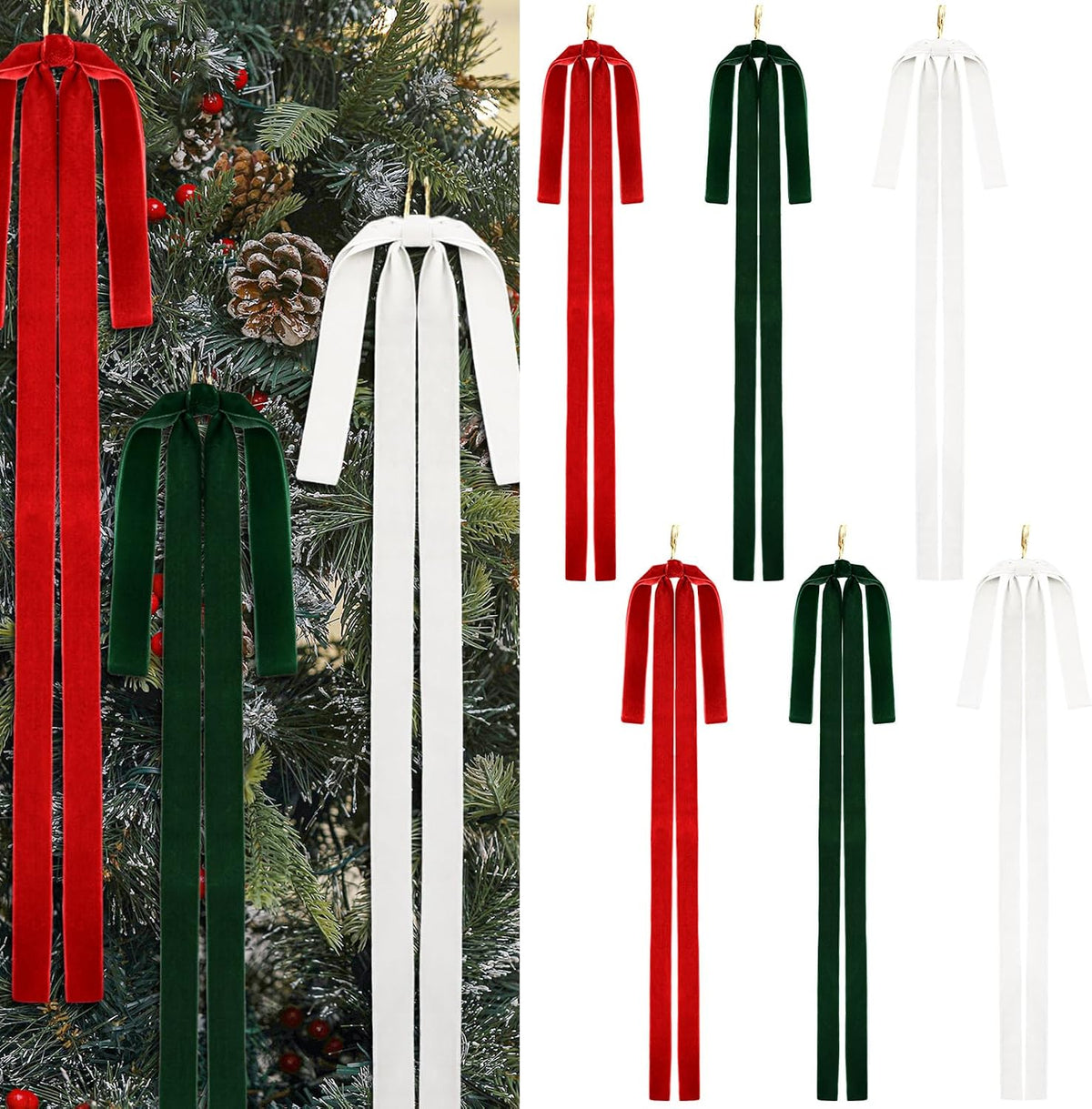 Janinka 12 Pcs Long Red Christmas Velvet Bow Ornament Vintage Tree Decor | 23.5x15.5 Inch, Large Ribbon Bows, Vintage Christmas Ornament, Swag, Staircase, Wreath, Tree Topper, Xmas Ornaments for Tree