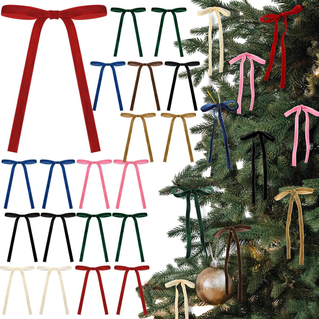 Glitinsel 24 Pcs Velvet Christmas Tree Bow, 10x18,1 w, Pastel | Vintage Christmas Ornaments Bow Velvet Ribbon Bows for Christmas Tree Garland Wreath Holiday Home Decorations