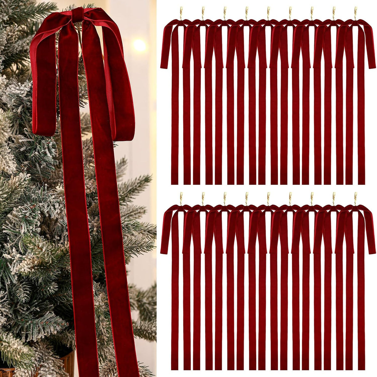 Janinka 12 Pcs Long Red Christmas Velvet Bow Ornament Vintage Tree Decor | 23.5x15.5 Inch, Large Ribbon Bows, Vintage Christmas Ornament, Swag, Staircase, Wreath, Tree Topper, Xmas Ornaments for Tree