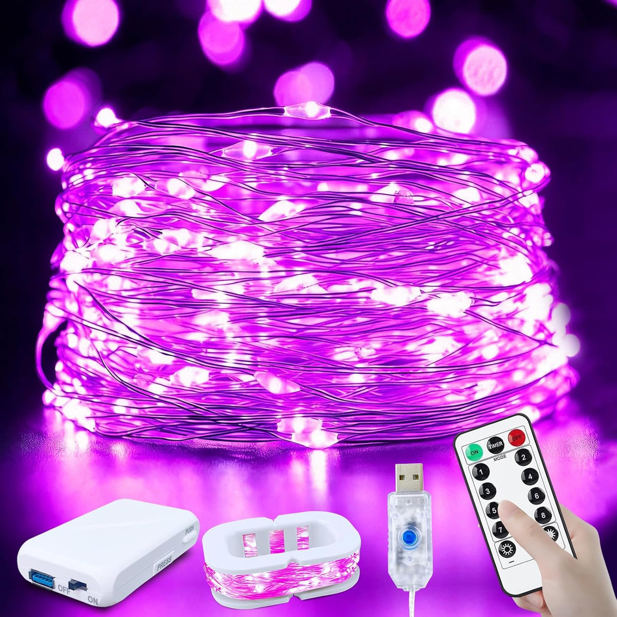 FWYWNL 2 Pcs RGB Smart IC Fairy Lights 16Ft 50LED String Lights with Remote | USB & Battery Powered, Mini Lights & Timer, Music Sync Waterproof Twinkle Lights for Outdoor Wedding Bedroom Christmas Decor