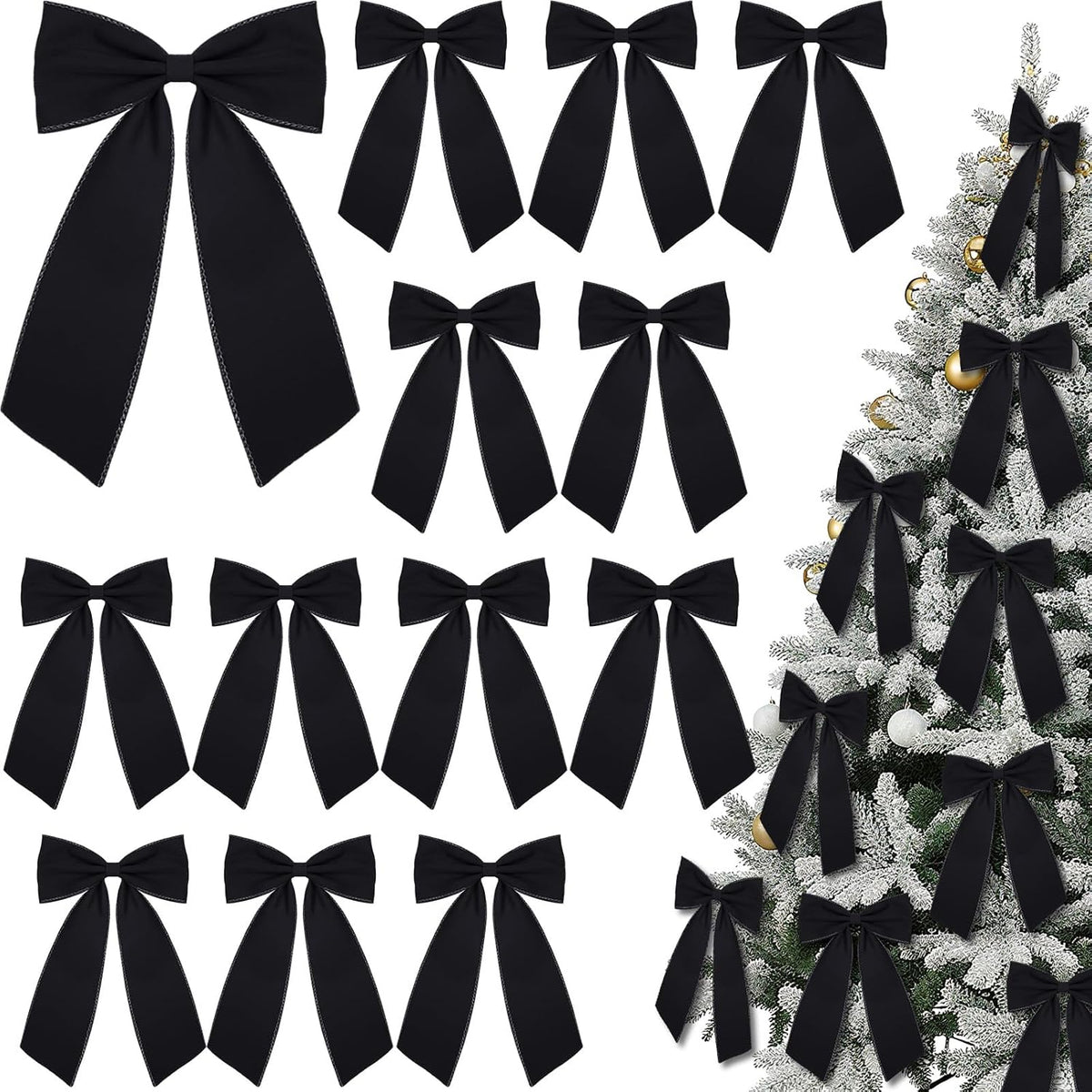 12 Pcs Black Large Christmas Velvet Bow, Xmas Tree Decor | 10x16 Inch Ribbon Design, Ideal for Wreath Garland Banner, Napkin Rings, Fireplace Indoor Outdoor Holiday Decoration