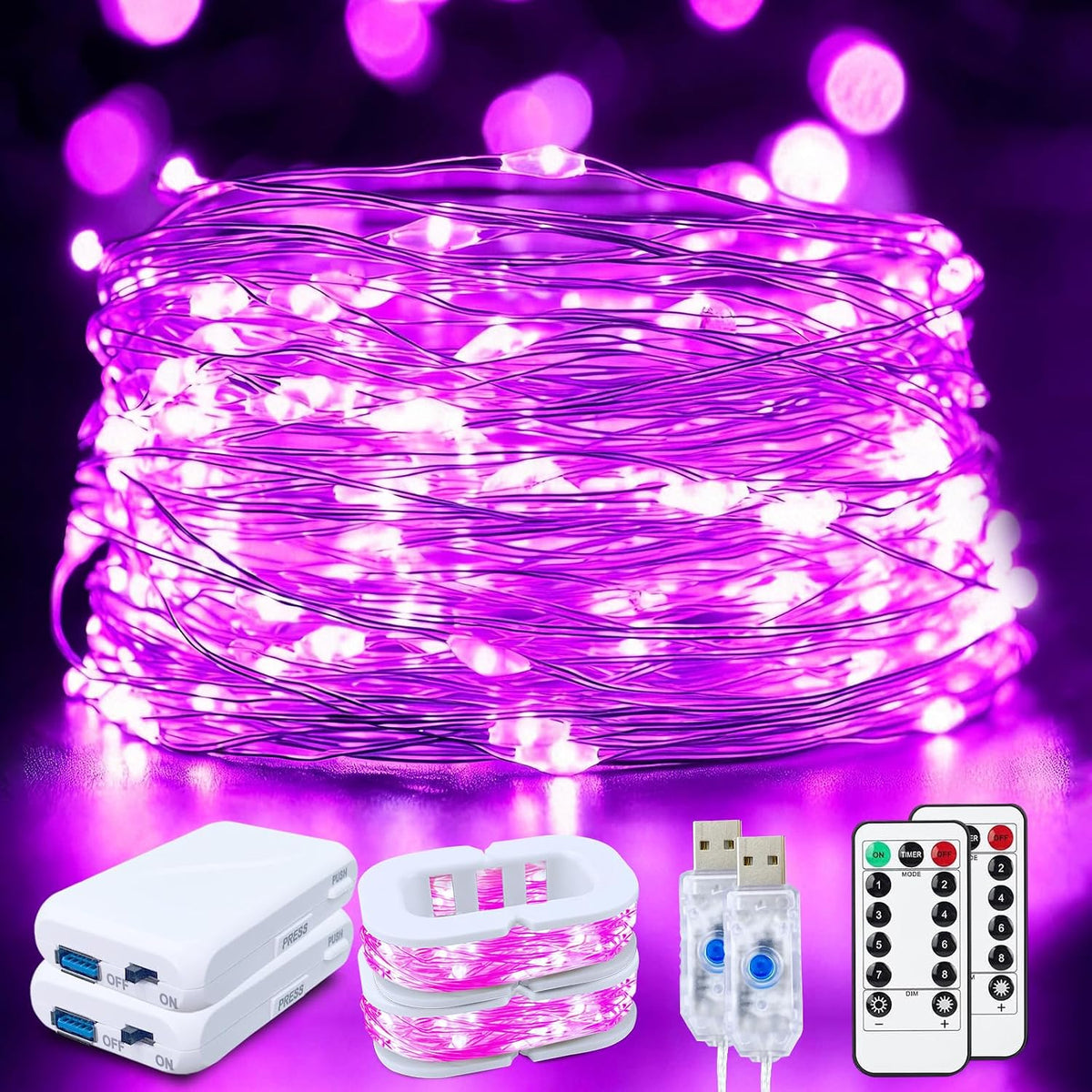 FWYWNL 2 Pcs RGB Smart IC Fairy Lights 16Ft 50LED String Lights with Remote | USB & Battery Powered, Mini Lights & Timer, Music Sync Waterproof Twinkle Lights for Outdoor Wedding Bedroom Christmas Decor