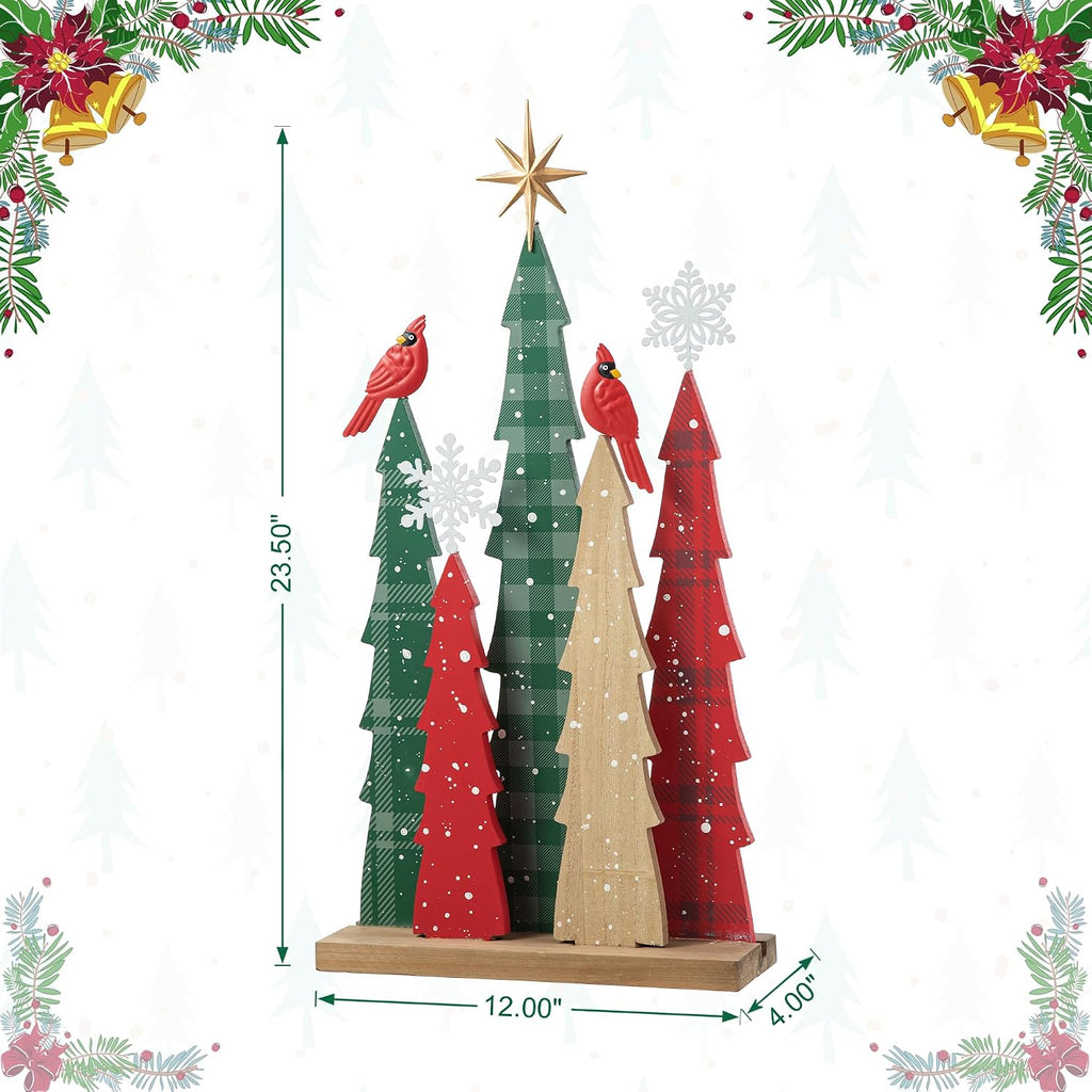 Glitzhome Wooden Christmas Tree Table Decor, 23.5H Rustic Winter Holiday Tabletop Decoration Scattered Forest Set with Cardinals, Snowflakes & North Star for Mantel, Desk, Shelf