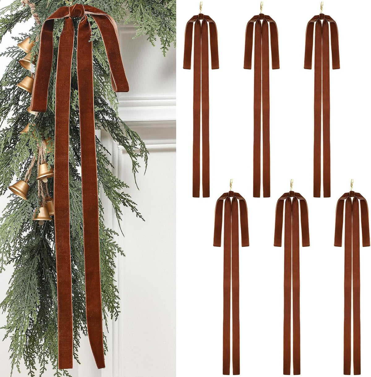 Janinka 12 Pcs Long Red Christmas Velvet Bow Ornament Vintage Tree Decor | 23.5x15.5 Inch, Large Ribbon Bows, Vintage Christmas Ornament, Swag, Staircase, Wreath, Tree Topper, Xmas Ornaments for Tree