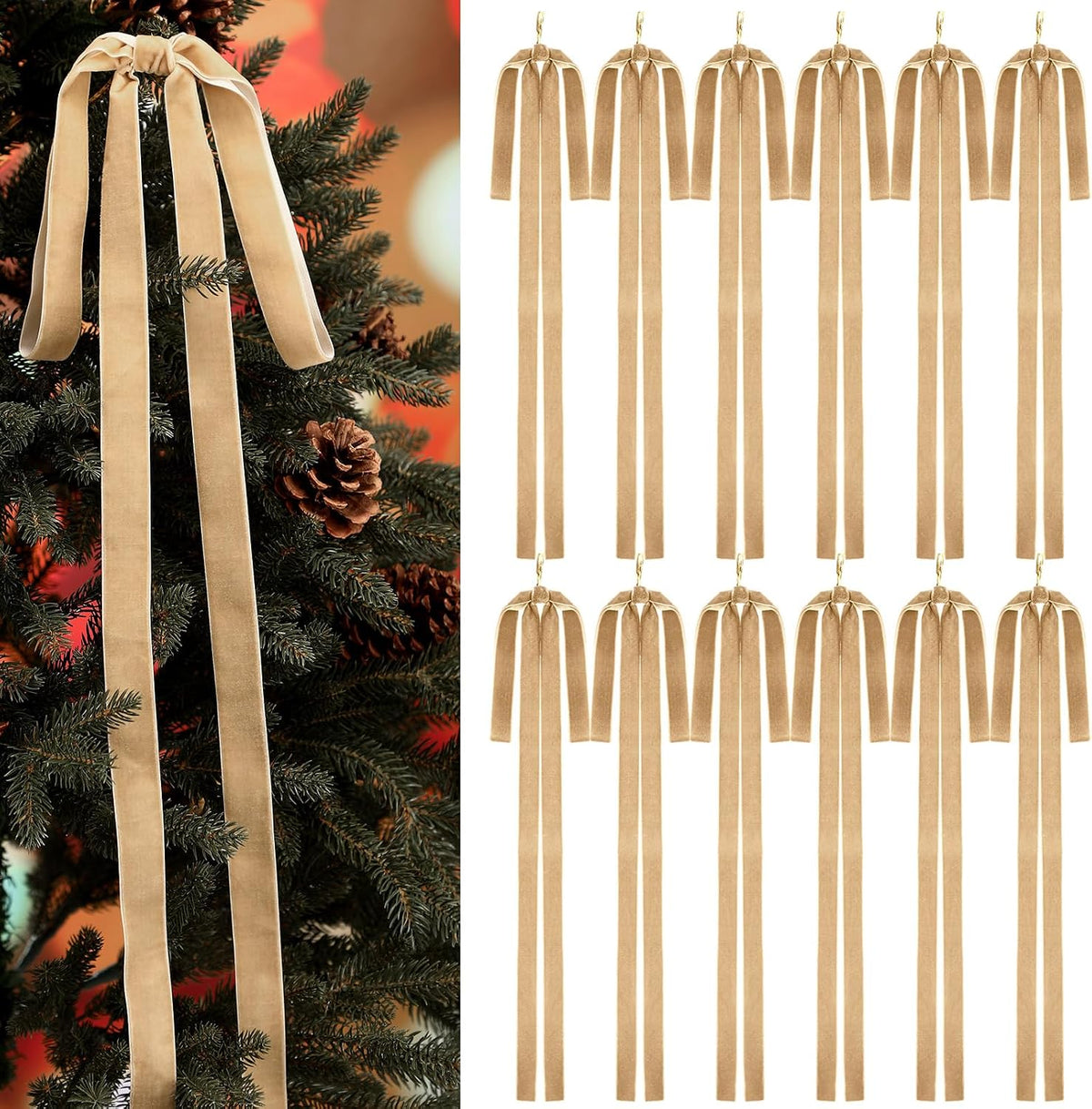 Janinka 12 Pcs Long Red Christmas Velvet Bow Ornament Vintage Tree Decor | 23.5x15.5 Inch, Large Ribbon Bows, Vintage Christmas Ornament, Swag, Staircase, Wreath, Tree Topper, Xmas Ornaments for Tree