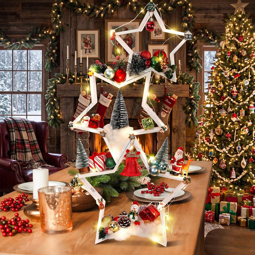 Cinnvoice 3 Pcs Christmas Wooden Decoration for Home Mantel Tabletop | Farmhouse Stars with Hollow Frame, Three Sizes for DIY Ornaments, Mantel Displays and Xmas Holiday Styling, Table Centerpiece