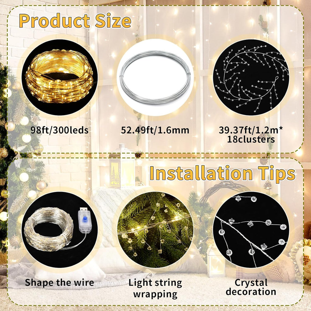 Glooglitter 40 ft Christmas Tree Crystal Garland Decor Fairy Lights | 98ft 300 LED Lights with Crystal Drop Ornaments & Iron Wire, USB Operated Sparkling Christmas Tree Decor for Winter Indoor