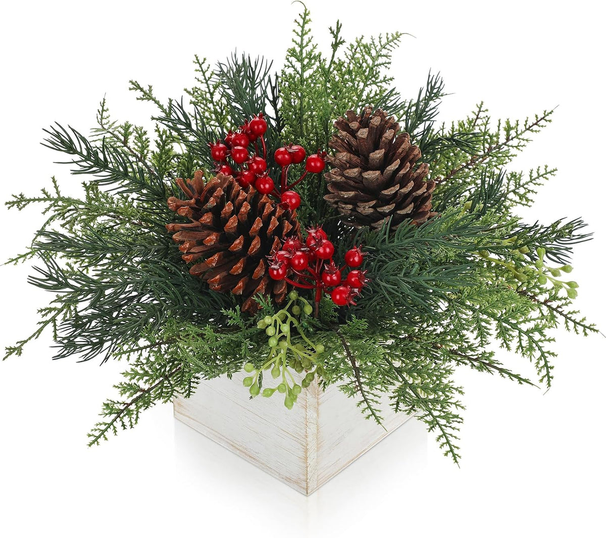 Christmas Centerpieces Table Decorations 10 Small Artificial Potted Christmas Tree Tabletop Pine Plants with Red Berry Pine Cones in Wooden Pot for Home Winter Xmas Mantel Farmhouse Indoor Decor