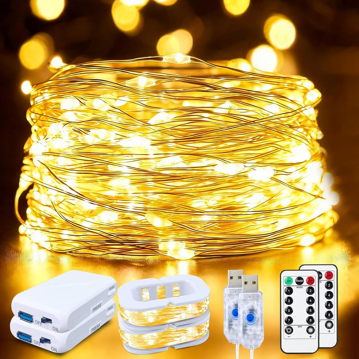 FWYWNL 2 Pcs RGB Smart IC Fairy Lights 16Ft 50LED String Lights with Remote | USB & Battery Powered, Mini Lights & Timer, Music Sync Waterproof Twinkle Lights for Outdoor Wedding Bedroom Christmas Decor