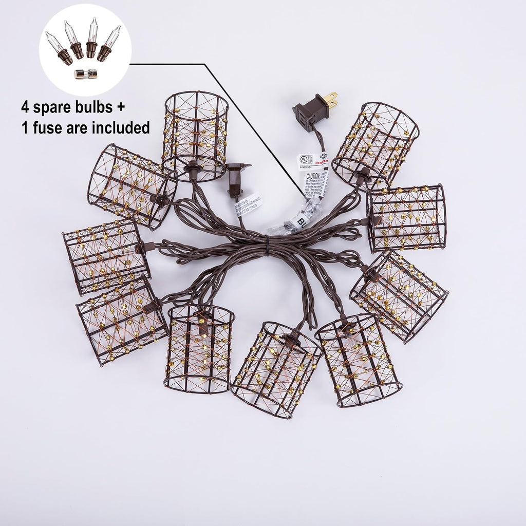 Outdoor Patio String Lights Plug in with 10 Incandescent Bulbs, Handwoven Beaded Copper Wire Style Decorative Lantern String Lights Connectable Weatherproof for Pergola, Porch, Mantel, Indoor Decor