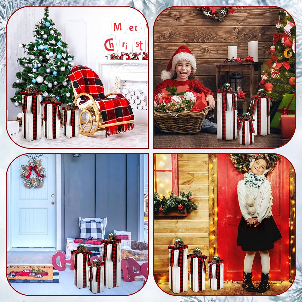 Huwena 3 Pcs Large Christmas Rustic Wood Presents 3 Sizes Christmas Table Centerpieces Christmas Tiered Tray Decor Gift Christmas Xmas Decor Wooden Faux Blocks with Buffalo Plaid Bowknot for Holiday