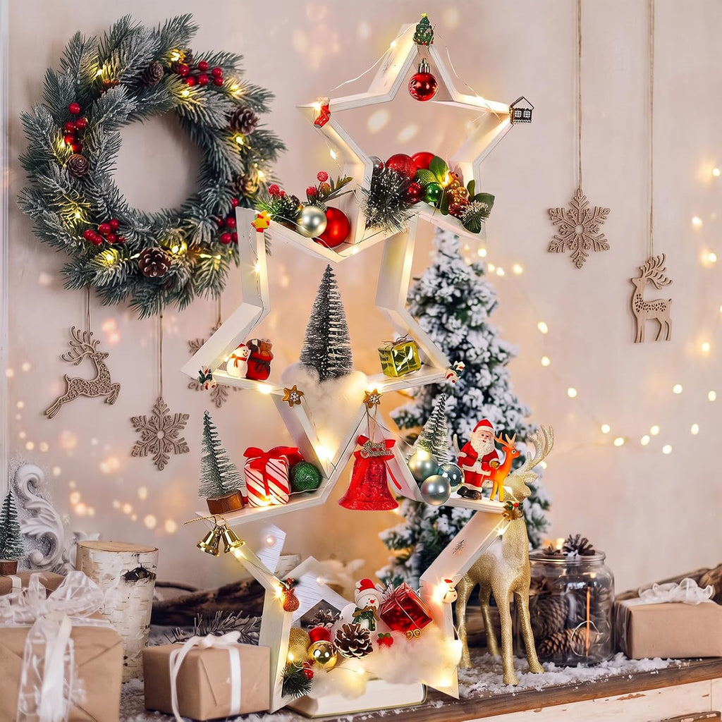 Cinnvoice 3 Pcs Christmas Wooden Decoration for Home Mantel Tabletop | Farmhouse Stars with Hollow Frame, Three Sizes for DIY Ornaments, Mantel Displays and Xmas Holiday Styling, Table Centerpiece