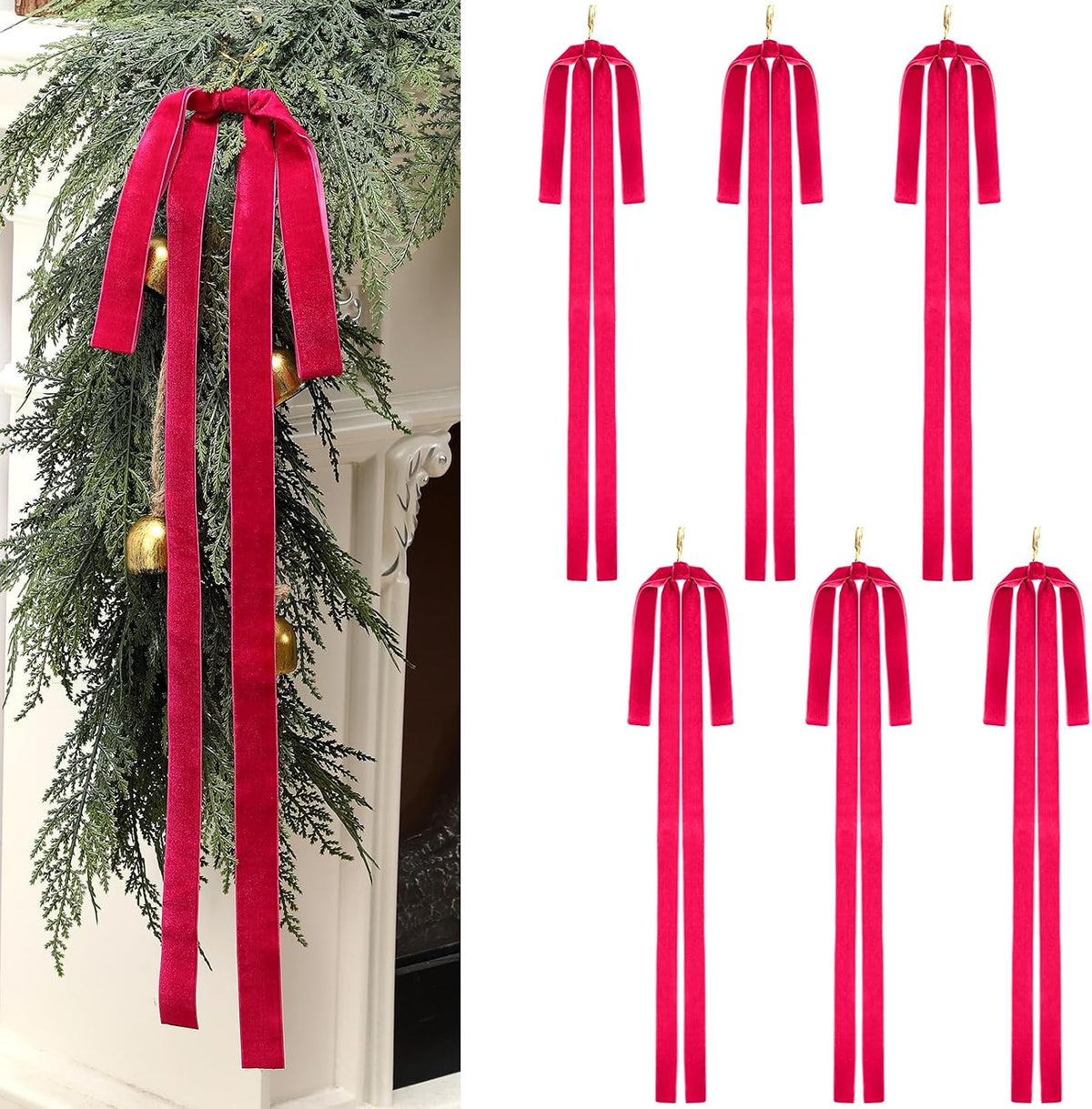 Janinka 12 Pcs Long Red Christmas Velvet Bow Ornament Vintage Tree Decor | 23.5x15.5 Inch, Large Ribbon Bows, Vintage Christmas Ornament, Swag, Staircase, Wreath, Tree Topper, Xmas Ornaments for Tree