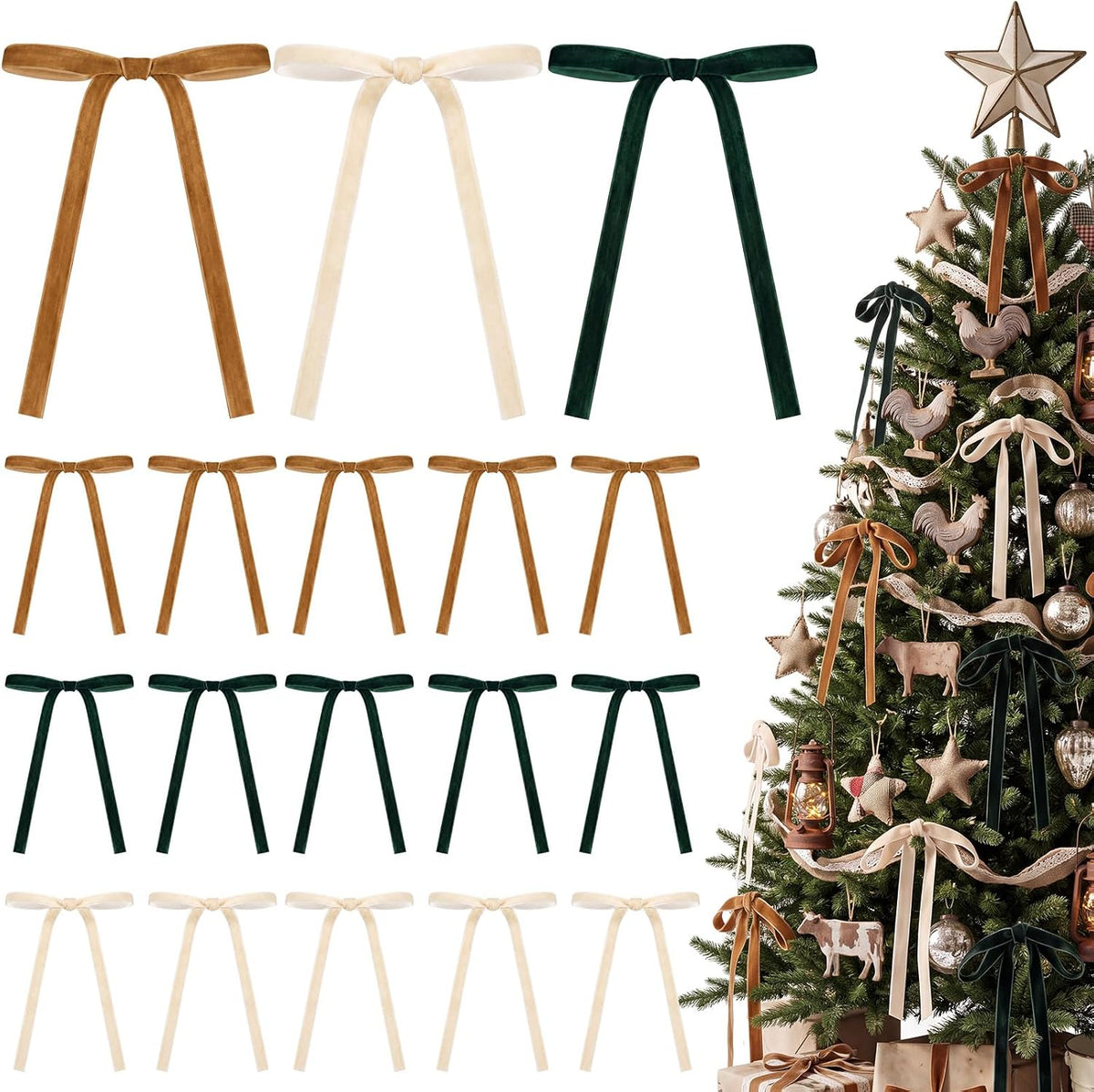 Glitinsel 24 Pcs Velvet Christmas Tree Bow, 10x18,1 w, Pastel | Vintage Christmas Ornaments Bow Velvet Ribbon Bows for Christmas Tree Garland Wreath Holiday Home Decorations