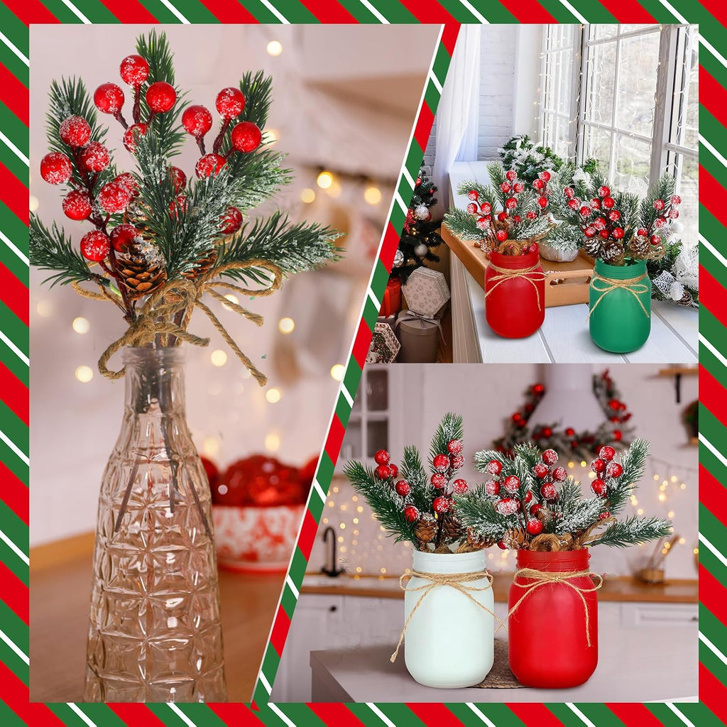 Karenhi 16 Pcs Christmas Mason Jar Centerpieces Pine Berries,Pine Needles | Red Green White Frosted Jars with Pinecones Garland Wooden Sign, Farmhouse Dining Kitchen Indoor Holiday Tabletop Decor Set