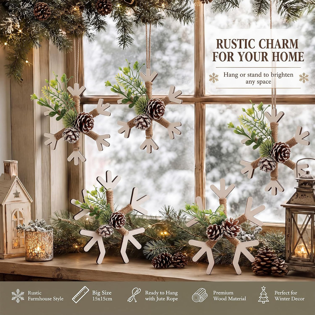 Yalikop 6 Pcs Large 5.9'' Christmas Snowflake Ornaments Rustic Wooden Decor | Farmhouse Snowflake Hanging with Pine Cone Mixed Greenery and Hemp Rope Xmas Decorations for Xmas Tree Mantle Fireplace