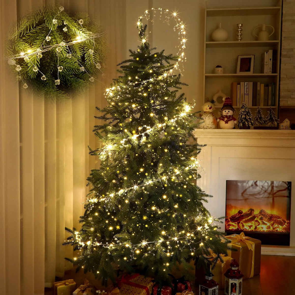 Glooglitter 40 ft Christmas Tree Crystal Garland Decor Fairy Lights | 98ft 300 LED Lights with Crystal Drop Ornaments & Iron Wire, USB Operated Sparkling Christmas Tree Decor for Winter Indoor