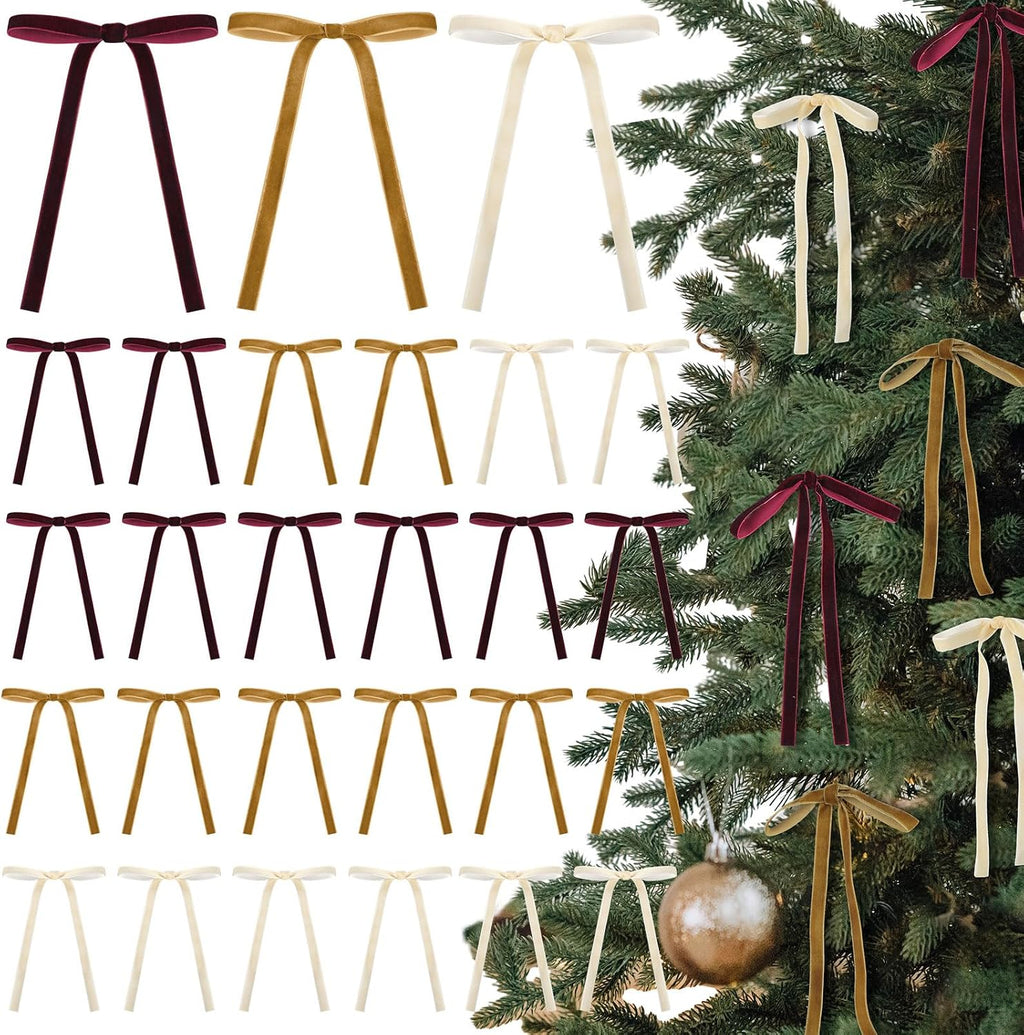 Glitinsel 24 Pcs Velvet Christmas Tree Bow, 10x18,1 w, Pastel | Vintage Christmas Ornaments Bow Velvet Ribbon Bows for Christmas Tree Garland Wreath Holiday Home Decorations