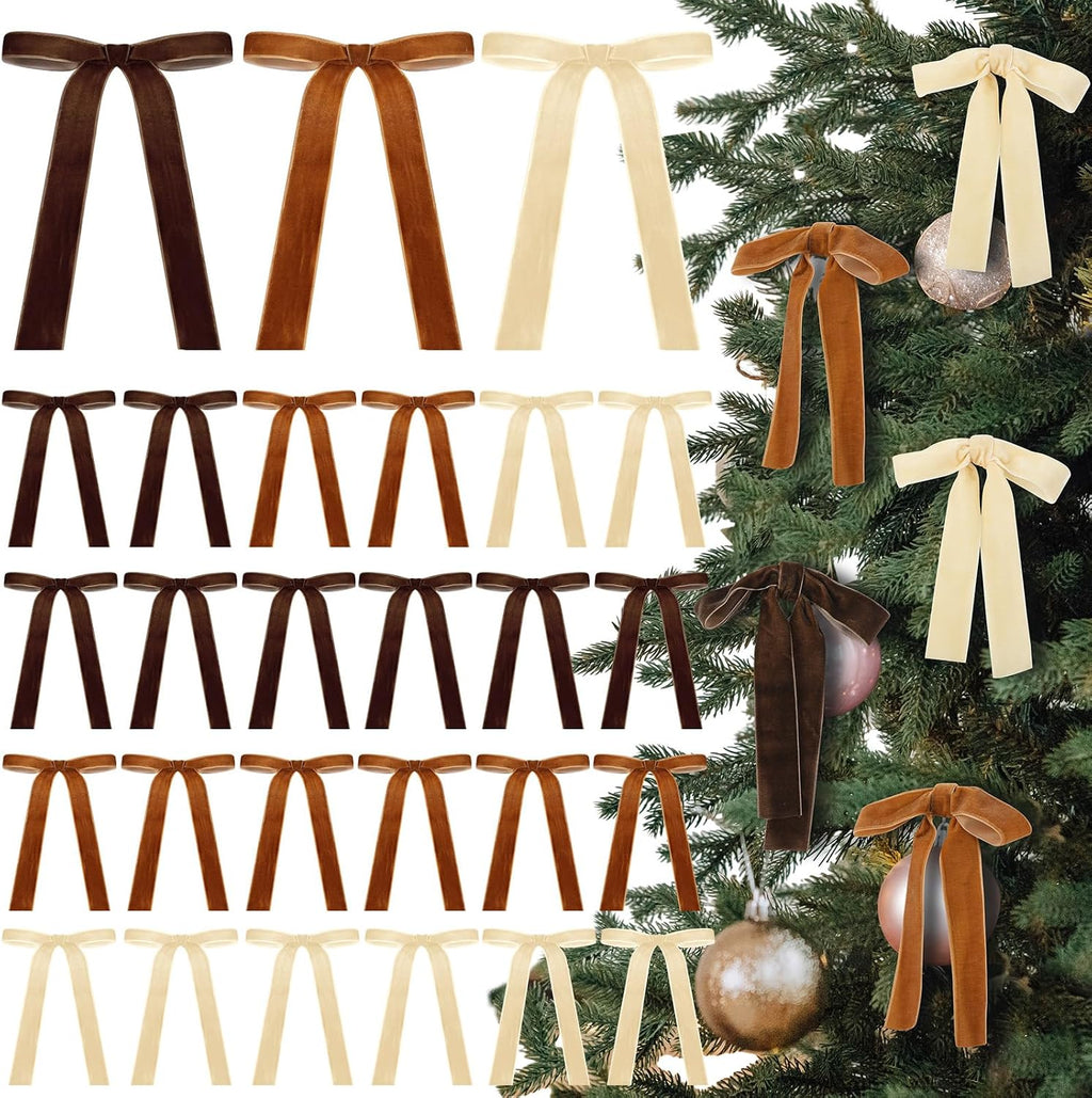 Glitinsel 24 Pcs Velvet Christmas Tree Bow, 10x18,1 w, Pastel | Vintage Christmas Ornaments Bow Velvet Ribbon Bows for Christmas Tree Garland Wreath Holiday Home Decorations