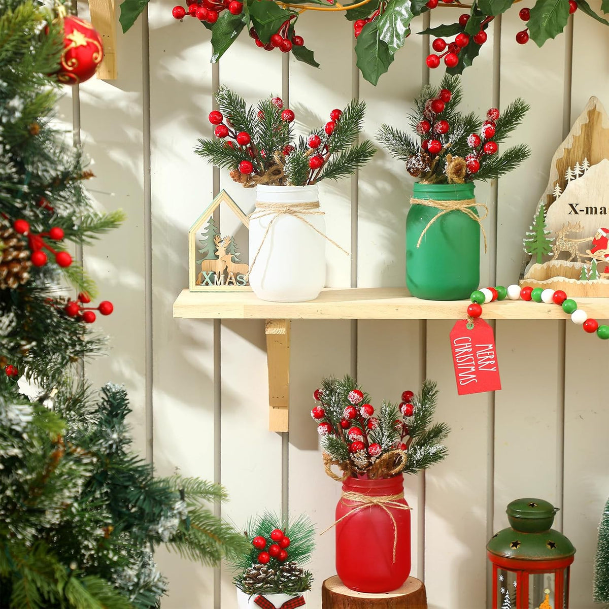 Karenhi 16 Pcs Christmas Mason Jar Centerpieces Pine Berries,Pine Needles | Red Green White Frosted Jars with Pinecones Garland Wooden Sign, Farmhouse Dining Kitchen Indoor Holiday Tabletop Decor Set