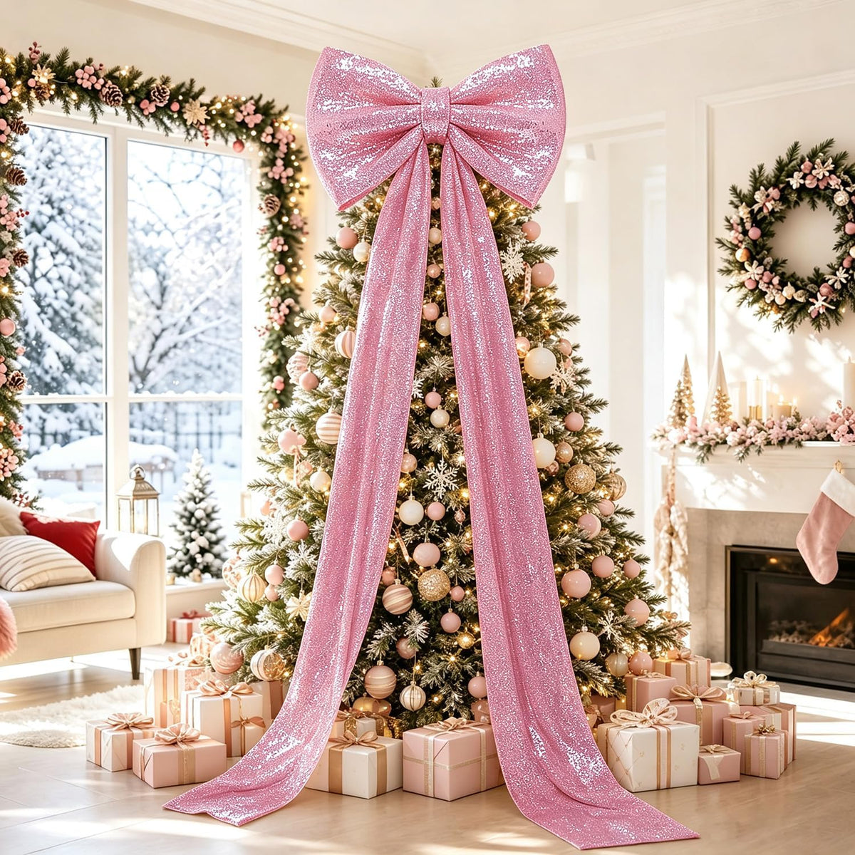 PATYDEST Giant Bow Red Christmas Tree Topper Decor Sequin Large Bow with Long Ribbon 75x23 Inch Gaint Xmas Tree Toppers Decor 3D Big Bows for Christmas Front Door Home Wreath Wall Backdrop Party