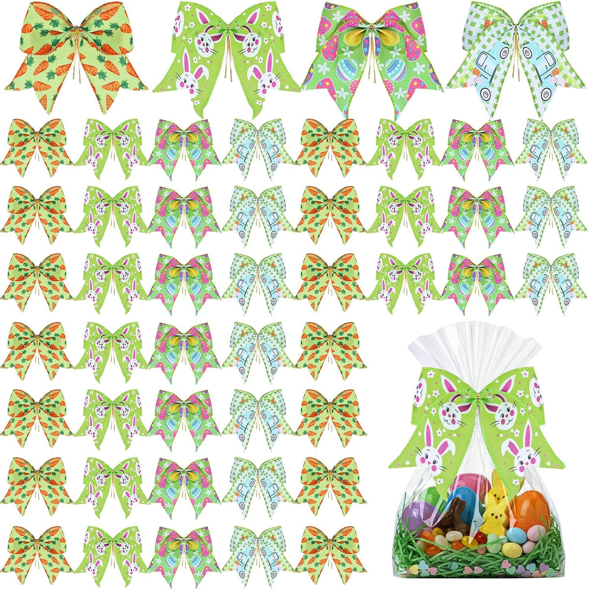 Daifunli 48 Pcs 6 Inch Christmas Bows for Wreaths | Polyester Bows in 4 Patterns, Built-in Cable Ties, Christmas Gifts, Baskets, Wreaths And Party Decor
