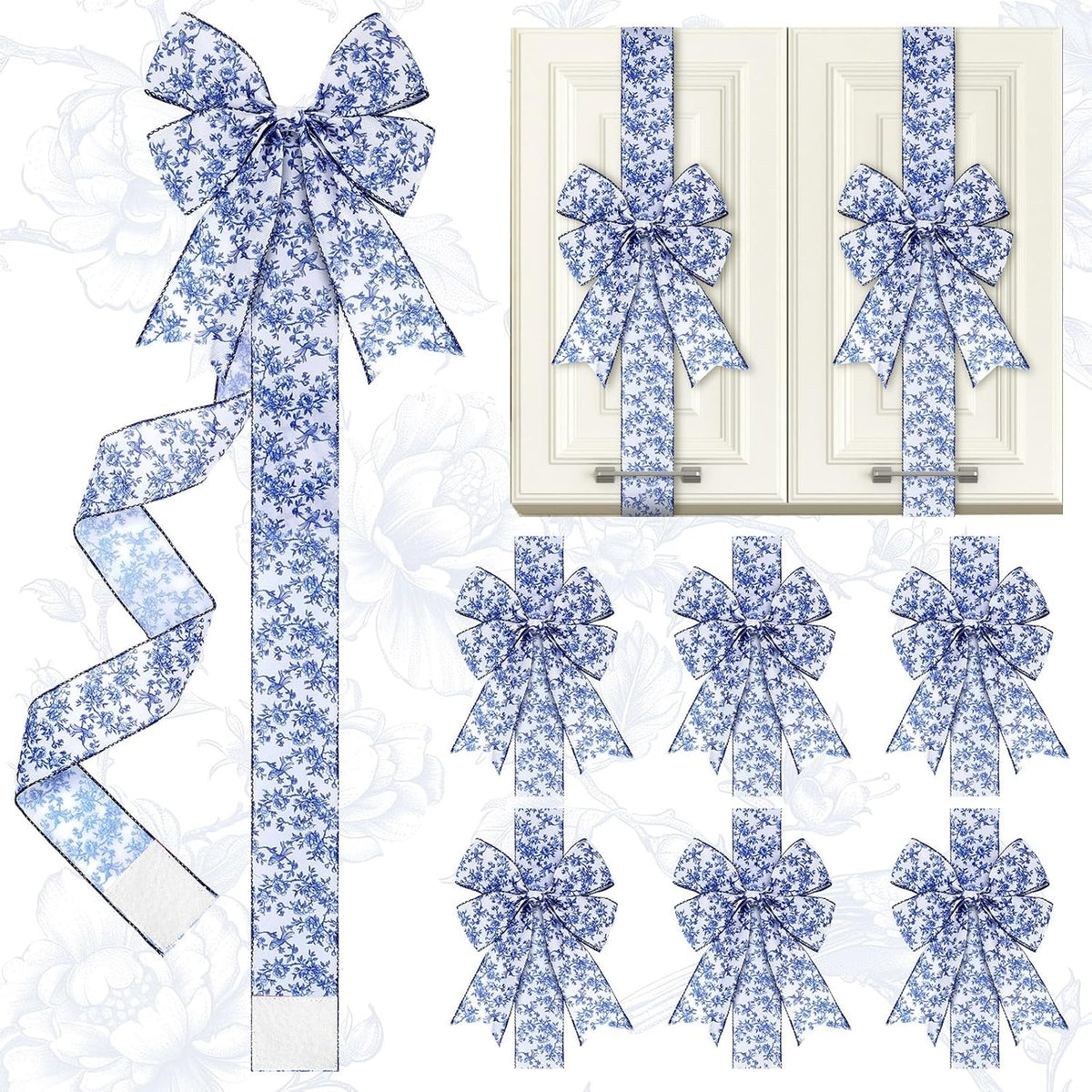 Daifunli 6 Pcs Pink and White Chinoiserie Christmas Cabinet Ribbons Bows Porcelain Bow Burlap Christmas Door Kitchen Cabinet Ribbon Bows for Xmas Home Decorations Party Supplies