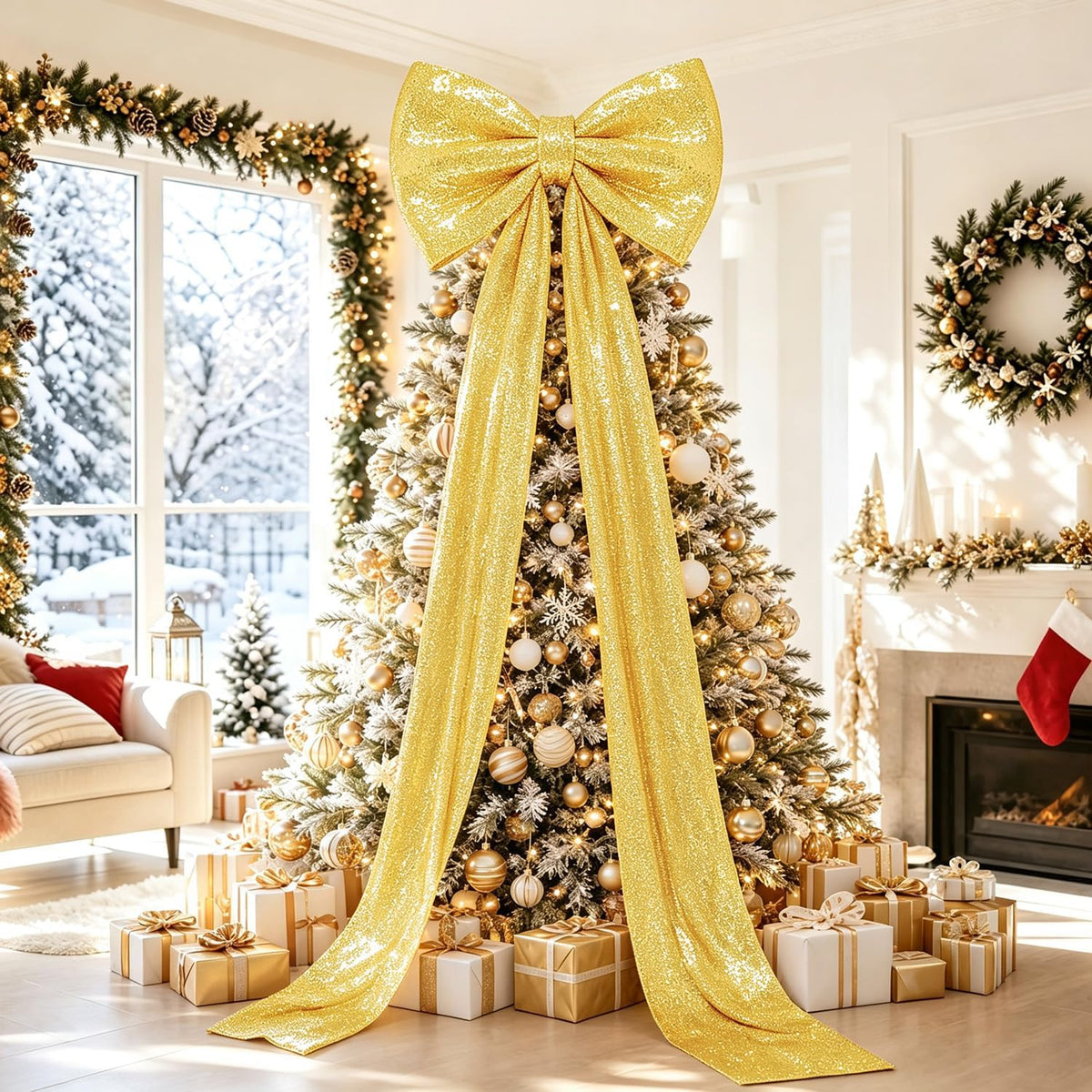 Halloween Giant Bow Decor Black Christmas Tree Topper Decor Sequin Big Bows with Long Ribbon 75 x 23 Inch Large Sparkly Bow for Halloween Front Door Wreath Party Backdrop Christmas Tree Topper Decor
