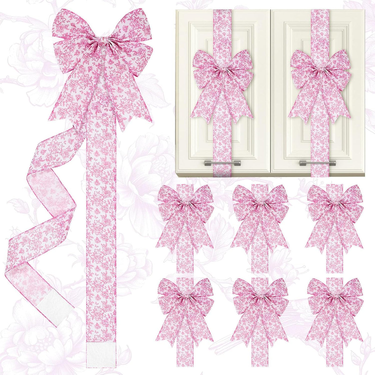 Daifunli 6 Pcs Pink and White Chinoiserie Christmas Cabinet Ribbons Bows Porcelain Bow Burlap Christmas Door Kitchen Cabinet Ribbon Bows for Xmas Home Decorations Party Supplies