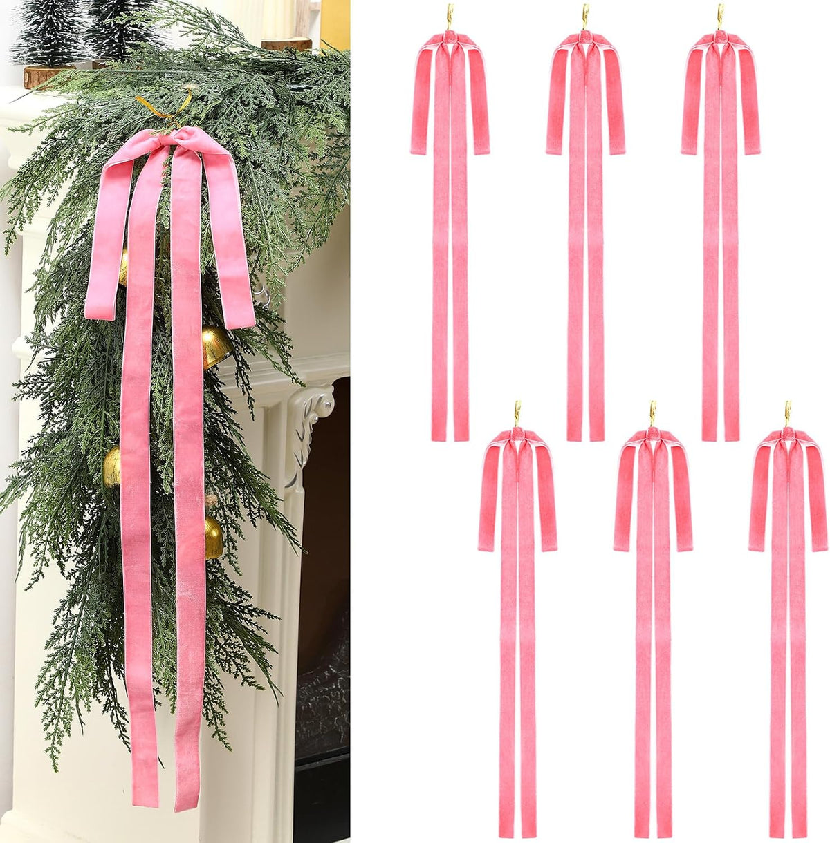 Janinka 12 Pcs Long Red Christmas Velvet Bow Ornament Vintage Tree Decor | 23.5x15.5 Inch, Large Ribbon Bows, Vintage Christmas Ornament, Swag, Staircase, Wreath, Tree Topper, Xmas Ornaments for Tree