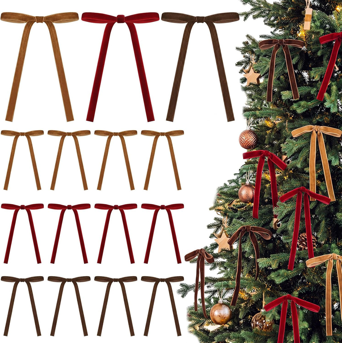 Glitinsel 24 Pcs Velvet Christmas Tree Bow, 10x18,1 w, Pastel | Vintage Christmas Ornaments Bow Velvet Ribbon Bows for Christmas Tree Garland Wreath Holiday Home Decorations
