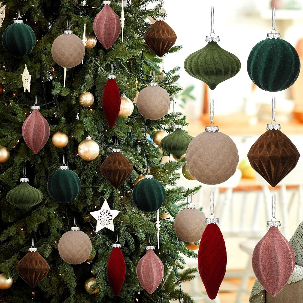 Riceshoot 24 Pcs Multi Color Flocked Velvet Christmas Ball Ornaments | Muted Tones in 6 Shapes, Soft Matte Finish, Ribbon Ready to Hang, Shatterproof Xmas Tree Wreath Garland Mantel Decor