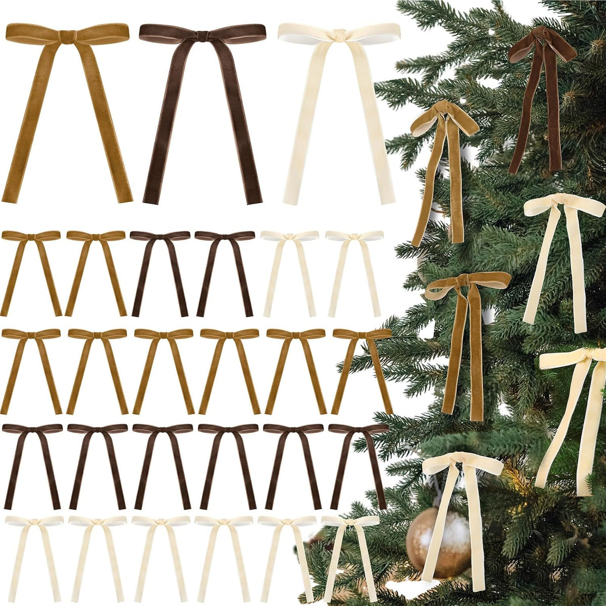 Glitinsel 24 Pcs Velvet Christmas Tree Bow, 10x18,1 w, Pastel | Vintage Christmas Ornaments Bow Velvet Ribbon Bows for Christmas Tree Garland Wreath Holiday Home Decorations