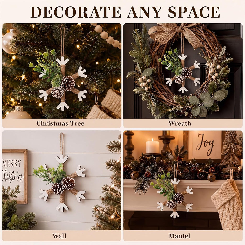 Yalikop 6 Pcs Large 5.9'' Christmas Snowflake Ornaments Rustic Wooden Decor | Farmhouse Snowflake Hanging with Pine Cone Mixed Greenery and Hemp Rope Xmas Decorations for Xmas Tree Mantle Fireplace