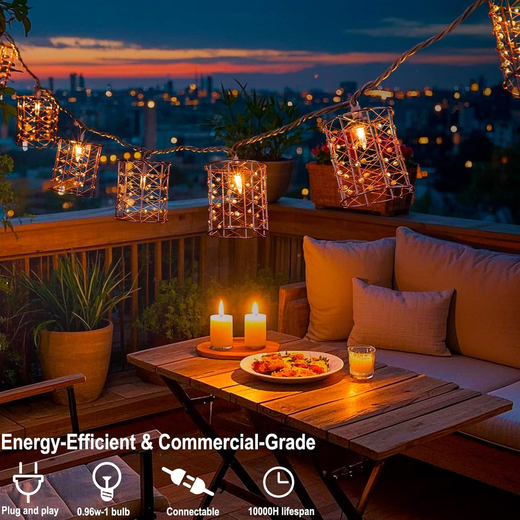 Outdoor Patio String Lights Plug in with 10 Incandescent Bulbs, Handwoven Beaded Copper Wire Style Decorative Lantern String Lights Connectable Weatherproof for Pergola, Porch, Mantel, Indoor Decor