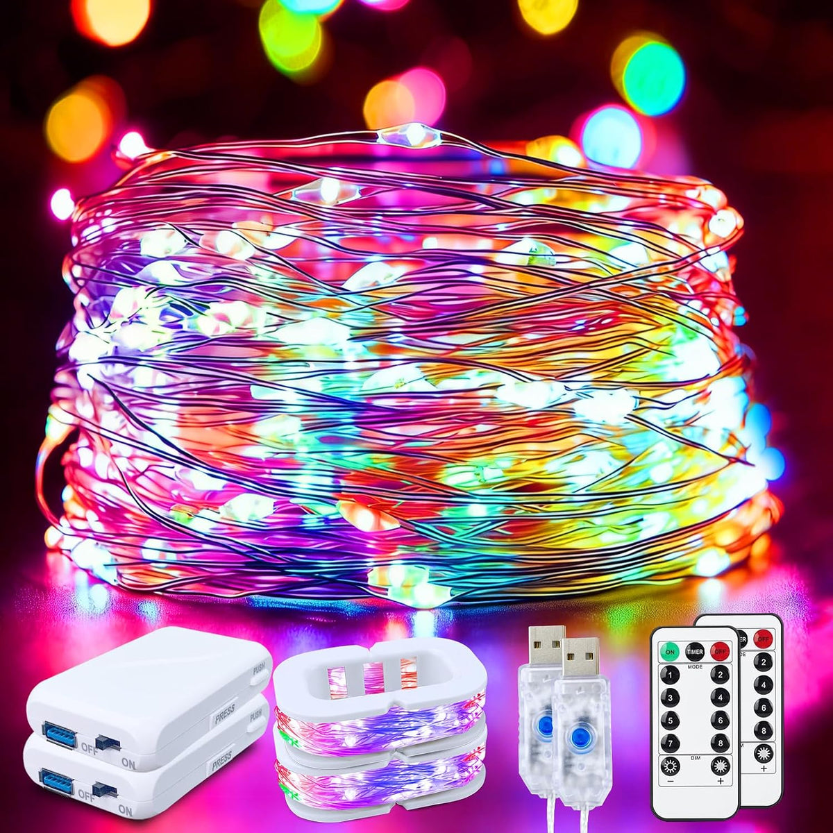 FWYWNL 2 Pcs RGB Smart IC Fairy Lights 16Ft 50LED String Lights with Remote | USB & Battery Powered, Mini Lights & Timer, Music Sync Waterproof Twinkle Lights for Outdoor Wedding Bedroom Christmas Decor
