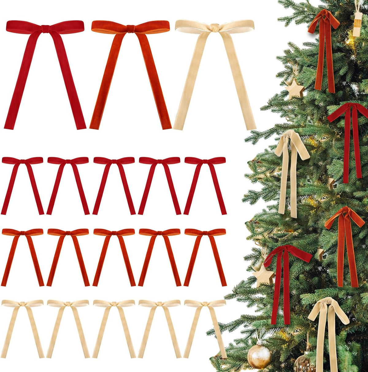Glitinsel 24 Pcs Velvet Christmas Tree Bow, 10x18,1 w, Pastel | Vintage Christmas Ornaments Bow Velvet Ribbon Bows for Christmas Tree Garland Wreath Holiday Home Decorations